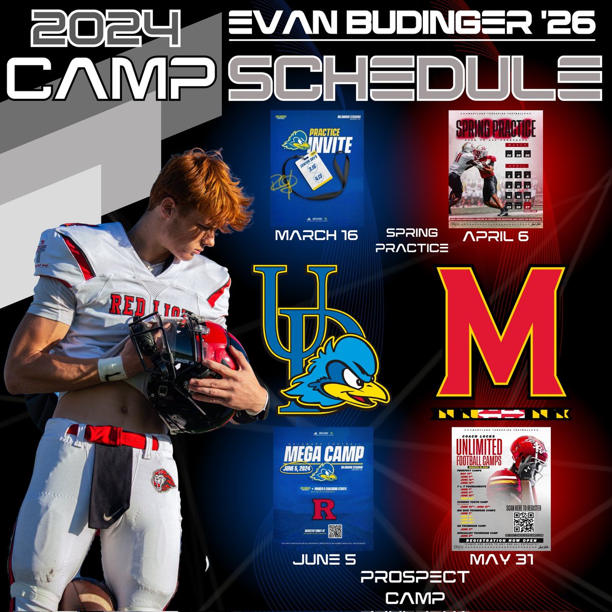 EvanBudinger's tweet photo. I'm very thankful for these invites to attend spring practice, and also excited to go back and compete at camp! I'm looking to attend 1 or 2 more this year. Please DM suggestions. #TBIA  @MOT_Touchdown #RLCA
@HendersonQBU @CoachSteve_Q
 @TerpsFootball @Delaware_FB
 #delhs @CoachKAnderson9