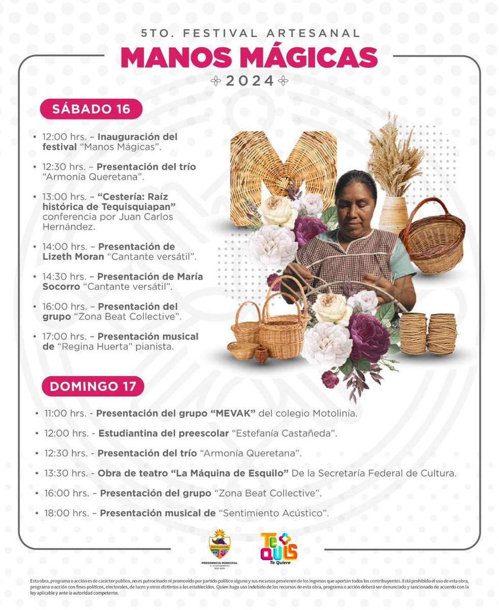 EventravelQRO's tweet photo. ¡Sumérgete en un mundo de colores y talento artesanal en el 5to. Festival #ManosMágicas, #Tequisquiapan!

Habrá más de 95 artesanos mostrando la magia que hacen con sus fibras naturales.

¡Asiste 16 y 17 de marzo!

#ManosMagicas2024
#EnQroEncontréMx
#TequisTeQuiere
#EvenTravelDMC https://t.co/2PiurrLm5v