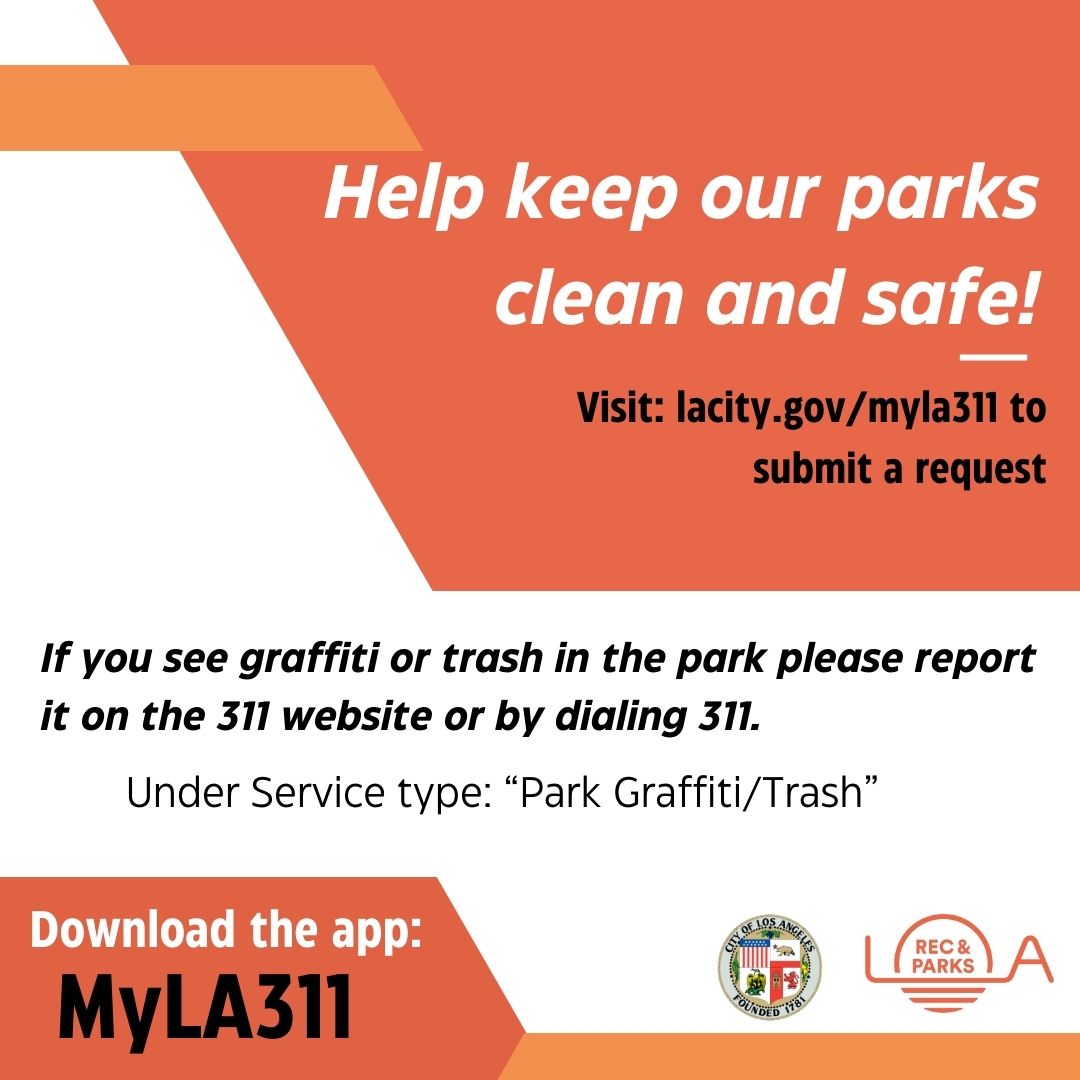 Help keep our parks clean and safe by reporting graffiti and trash in our parks on the 311 website! Report graffiti and trash in the park under the Service type 'Park Graffiti/Trash'. #lacityparks #parkproudla #everythingunderthesun