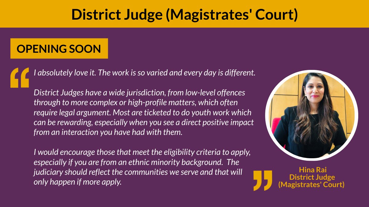 🚨📢OPENING SOON on Tues 19 March at 1pm – District Judge (Magistrates’ Courts). ➡️Read more from District Judge Hina Rai: 👉bit.ly/DJMC-H-Rai ➡️Sign up for an exercise opening alert here: 👉eepurl.com/iHGkew ➡️Find out more and apply here: 👉bit.ly/JAC-DJMC