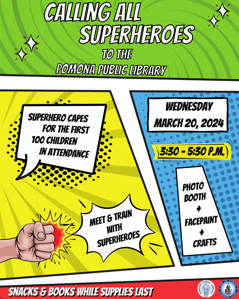 Calling all superheroes! Fly over to the Pomona Public Library on March 20th, 3:30 pm - 5:30 pm for an adventure!

🚀 Enjoy crafts, face paint, a photo booth, train alongside real superheroes, and the FIRST 100 kids get SUPERHERO CAPES! 🎉  #cityofpomona