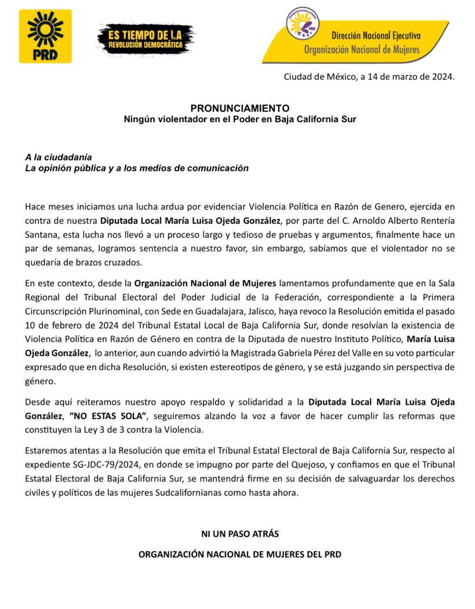ONMPRD's tweet image. #NiUnPasoAtras seguiremos alzando la voz hasta que no exista más Violencia Política en Razón de Género, todo nuestro apoyo a la Dip. Local @DipOjeda , atentas y confiadas por la la resolución del @TEEBCS  @TEPJF_GDL