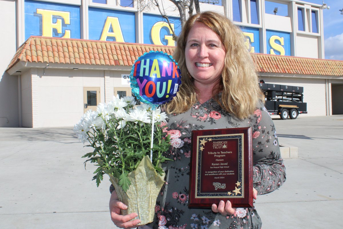 Karen Jewell, @SanPasqualHS teacher, was acknowledged by @KyXy radio station & American Assets Trust through their Tribute to Teachers Program. She was nominated by a former student who shared, “She was the reason I went to school every day and did my best.” We are #euhsdproud!