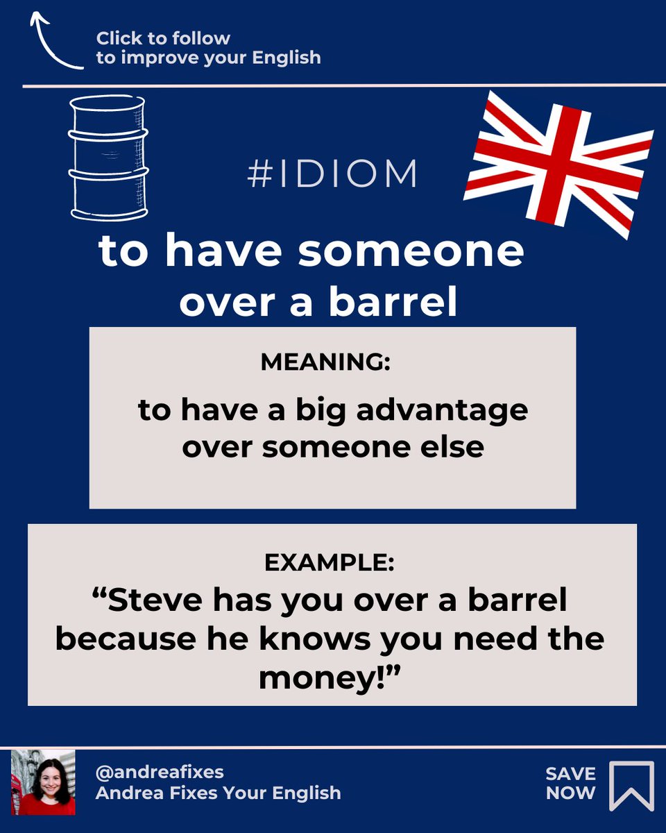 Have you heard of 'having someone over a barrel' before?🤔

👍🏻Write a sentence to consolidate your learning!

🥳

✅Contact me for private lessons!

#LearnEnglish #IELTS #TOEFL #phrasalverbs #EnglishTeacher #TOEIC #ESL #EnglishPractice #english #vocabulary #grammar #idioms