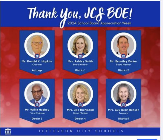 Celebrating School Board Appreciation Week! Jefferson City Schools is privileged to extend heartfelt gratitude to our extraordinary Board of Education members for their unwavering dedication and exceptional leadership! Thank you for your tireless support, relentless pursuit of
