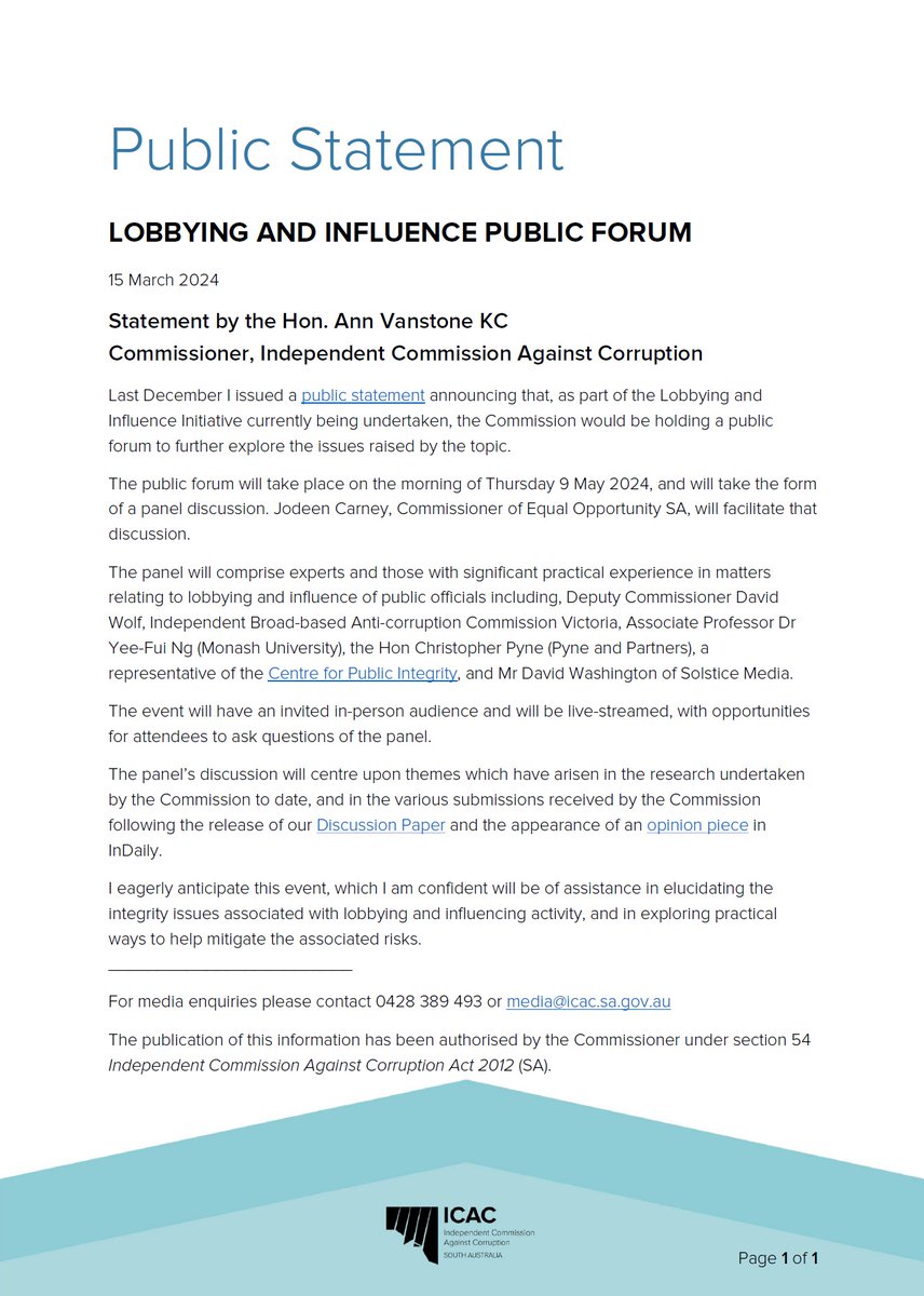 Commissioner Vanstone has just issued a public statement regarding the lobbying and influence public forum. Read it here icac.sa.gov.au/public-stateme…