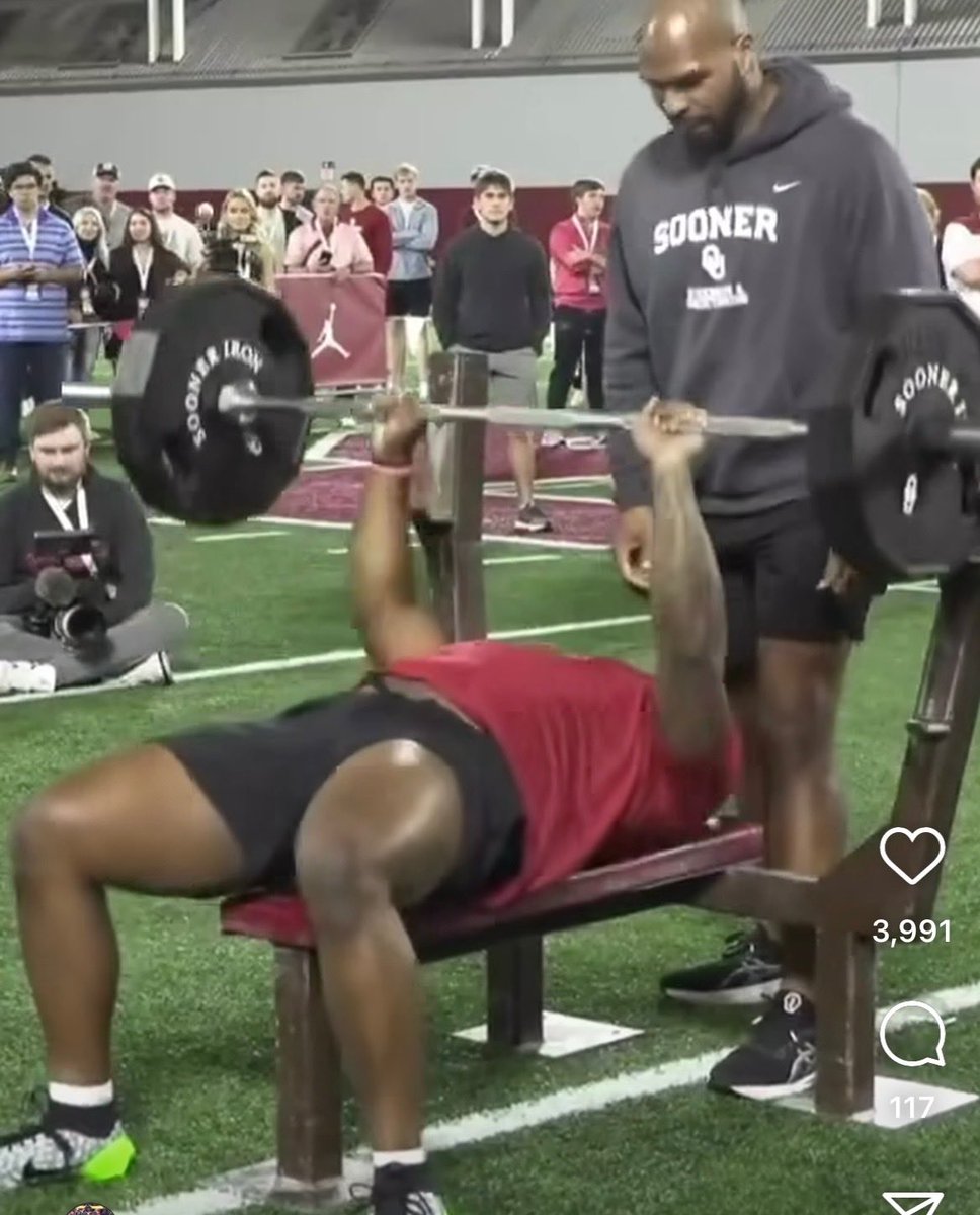 Blair_Prince's tweet photo. ⁦@OU_Football⁩ ⁦@NFL⁩ Proday.  1982 Martinelli Bench made in Blanchard OK. ⁦@Iron_Grip⁩ Plates &amp; Bar. #StuffThatWorks #PerformanceIsReality https://t.co/PwdqlOFui5