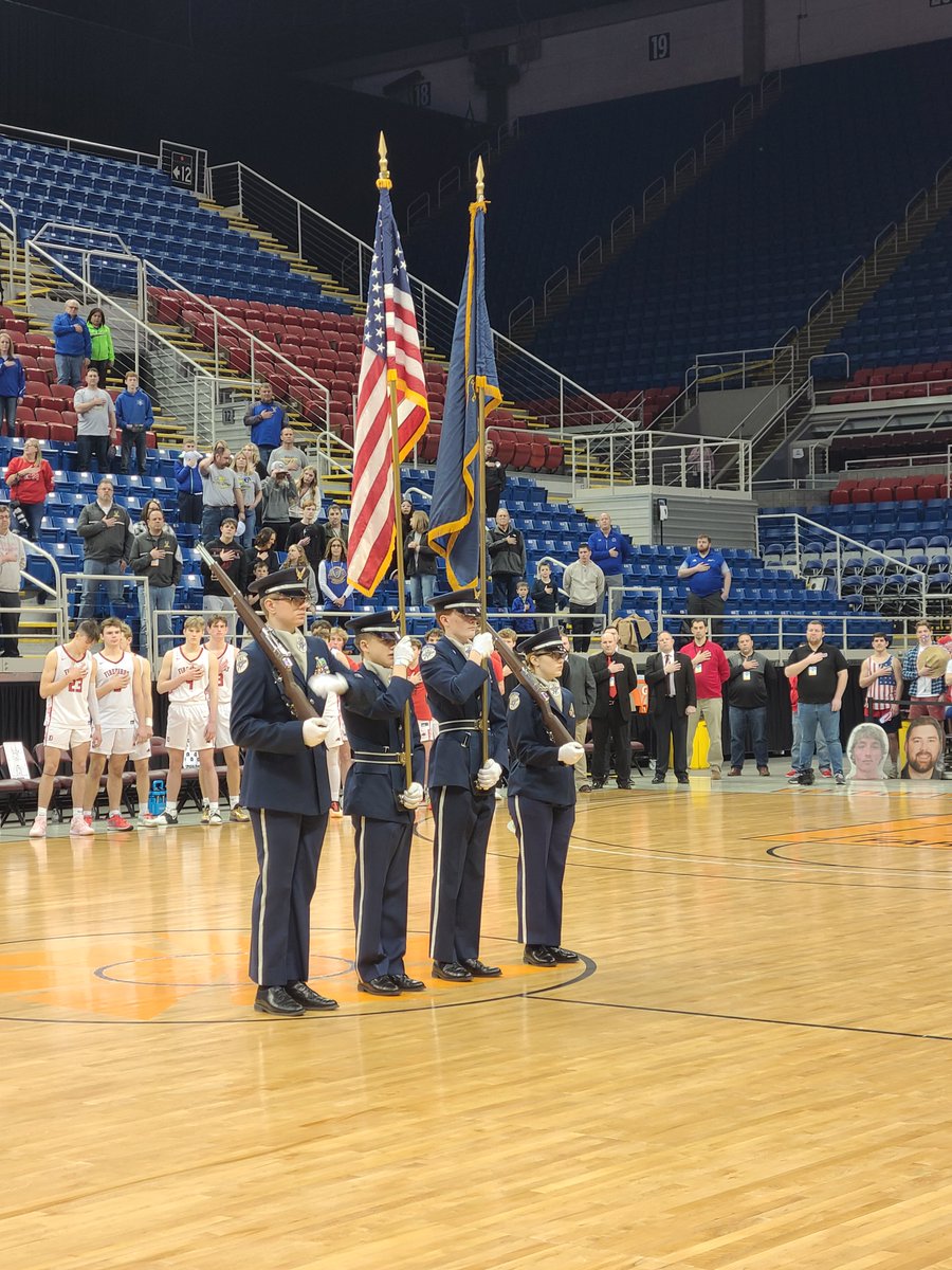 Opening session of the North Dakota Class A Boys basketball state tournament.  Color Guard team commanded by Cadet Mills with Cadets Lemen, Moilanen and Hanson.
#AFJROTC
#fargopublicschools