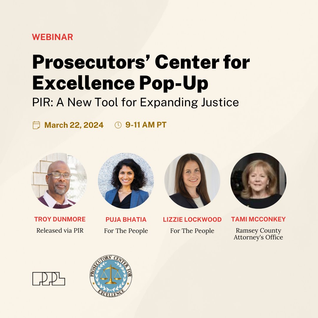 Join us at an upcoming event with @PCEBP! Learn more about Prosecutor-Initiated Resentencing and how to get involved from our experts, Tami McConkey of @RamseyCounty, and Troy Dunmore, who returned home through #PIR. Event link: bit.ly/3TBpRR4