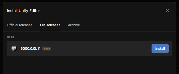 Unity6 Beta, unity hub'dan indirilebilir durumda