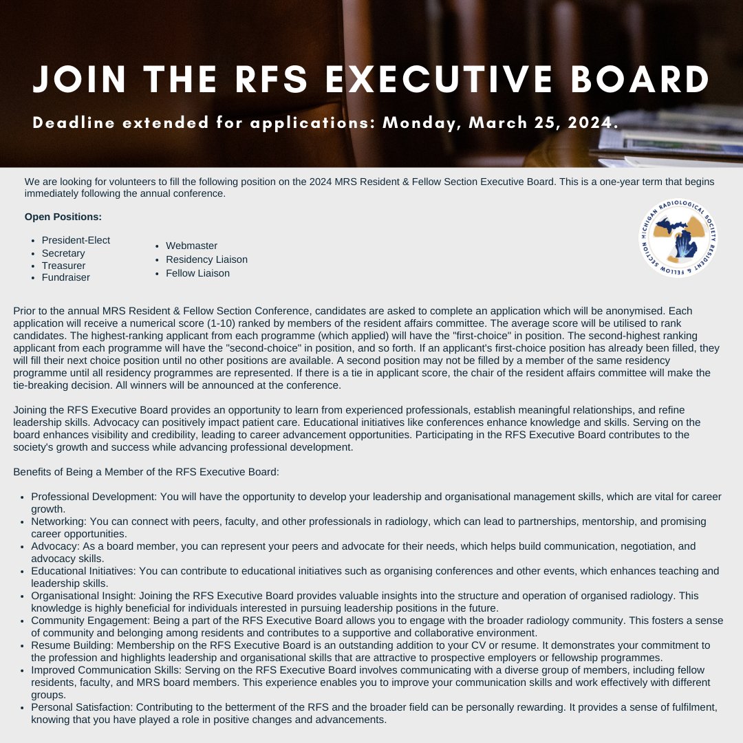 Elevate Your Impact: Join the MRS RFS Executive Board Today! Deadline extended for applications: 3/25/24 michigan-rad.org/resident-fello… #MIResRad #MichiganRadRes #MIResidency #MichiganRadLife #MIResident #MichRadEd #MIResidencyLife #MichiganRadLeadership