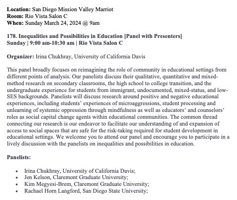 Irina Chukhray (@irina4115) on Twitter photo 📢 Are you attending <a href="/PacificSocAssoc/">Pacific Sociological Association</a> next week? Please consider attending my panel on “Inequalities and Possibilities in Education” Sunday 3/24 at 9am 📢 Are you attending <a href="/PacificSocAssoc/">Pacific Sociological Association</a> next week? Please consider attending my panel on “Inequalities and Possibilities in Education” Sunday 3/24 at 9am