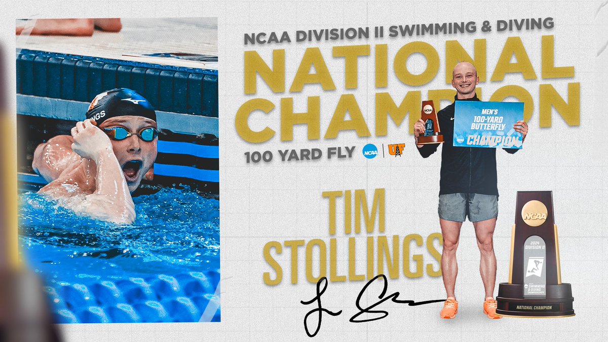 🏆 NATIONAL CHAMPION 🏆 Tim Stollings is back atop the podium in the 100 fly, his second Division II title in the event.