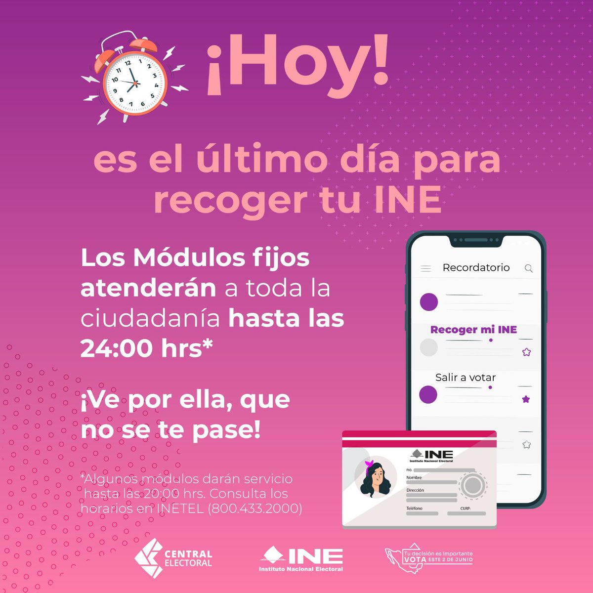 CZavalaP's tweet photo. 🚨¡QUE NO SE TE PASE!

No te quedes sin votar, hoy es el último día para recoger tu #CredencialParaVotar. 

⏰ Módulos abiertos hasta las 24 horas. https://t.co/UhkvF4Yu8q