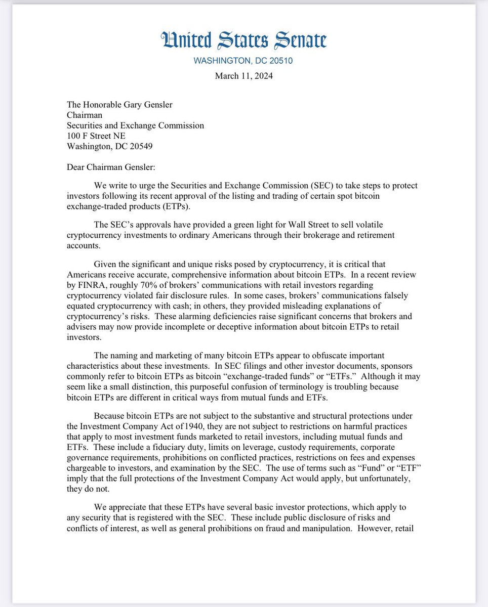 WatcherGuru's tweet image. JUST IN: 🇺🇸 Democratic Senators Jack Reed &amp;amp; Laphonza Butler send letter to SEC Chair Gary Gensler requesting he deny other crypto ETFs.