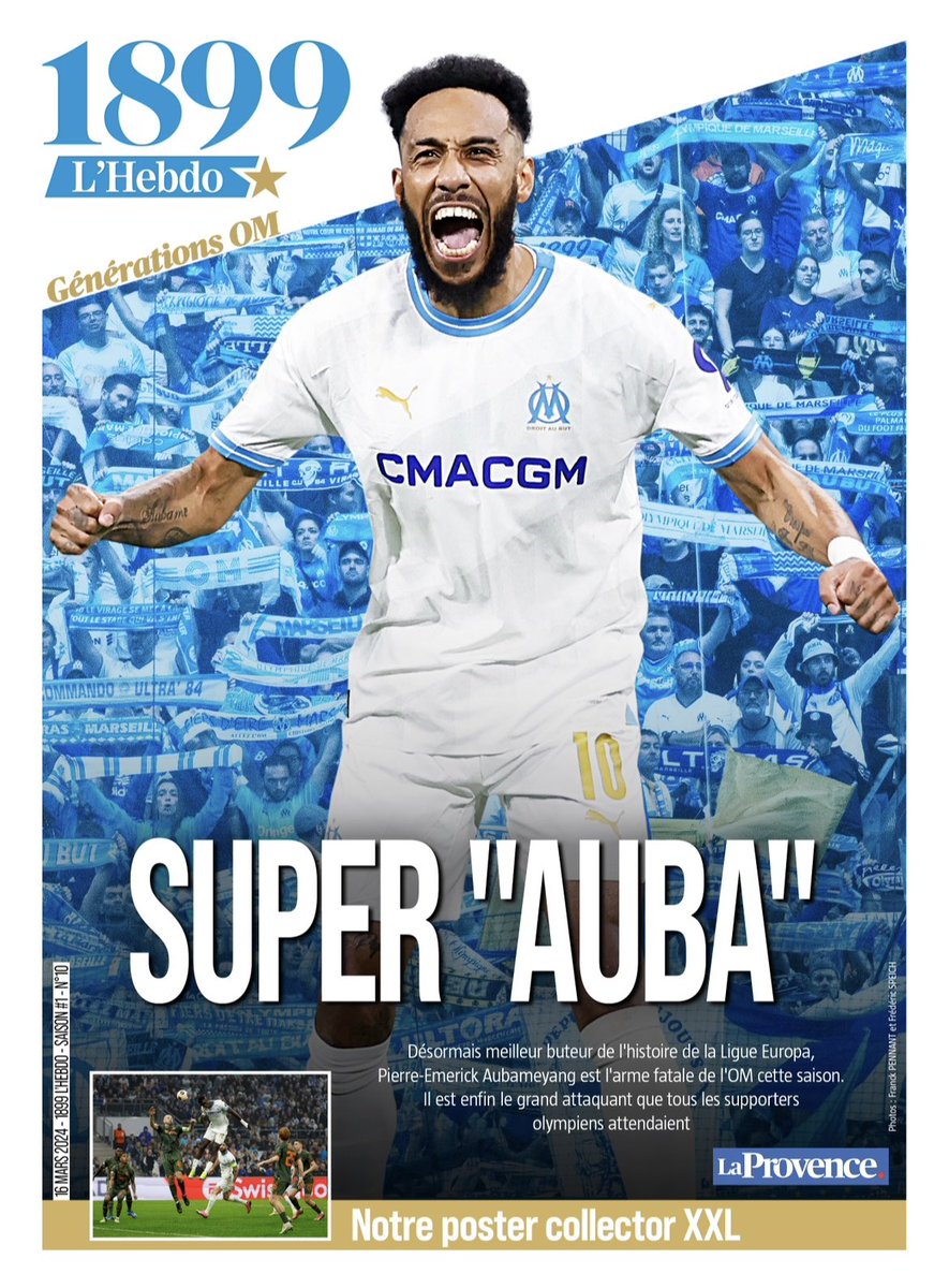 SUPER « AUBA ». Il est l’homme qui tire l’#OM vers le haut. La Une du prochain « 1899 L’Hebdo », en kiosques samedi, est consacrée à Pierre-Emerick #Aubameyang dont le parcours passionnant est raconté par @gouffa83. Pour vous abonner : abonnement.laprovence.com/1899