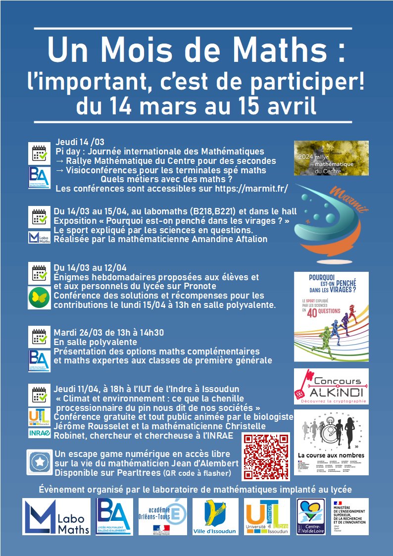 maths_ot's tweet image. Un très beau programme pour la #SDM2024 au #LaboMaths_OT d'Issoudun (36) au lycée Balzac-d'Alembert.
✅ #PiDay2024
✅ #RallyeMaths
✅ #MARMIT
✅ Expositions
✅ Enigmes
✅ Conférences
✅ ...
🙏Merci aux enseignant·e·s pour leur investissement durant cette semaine.