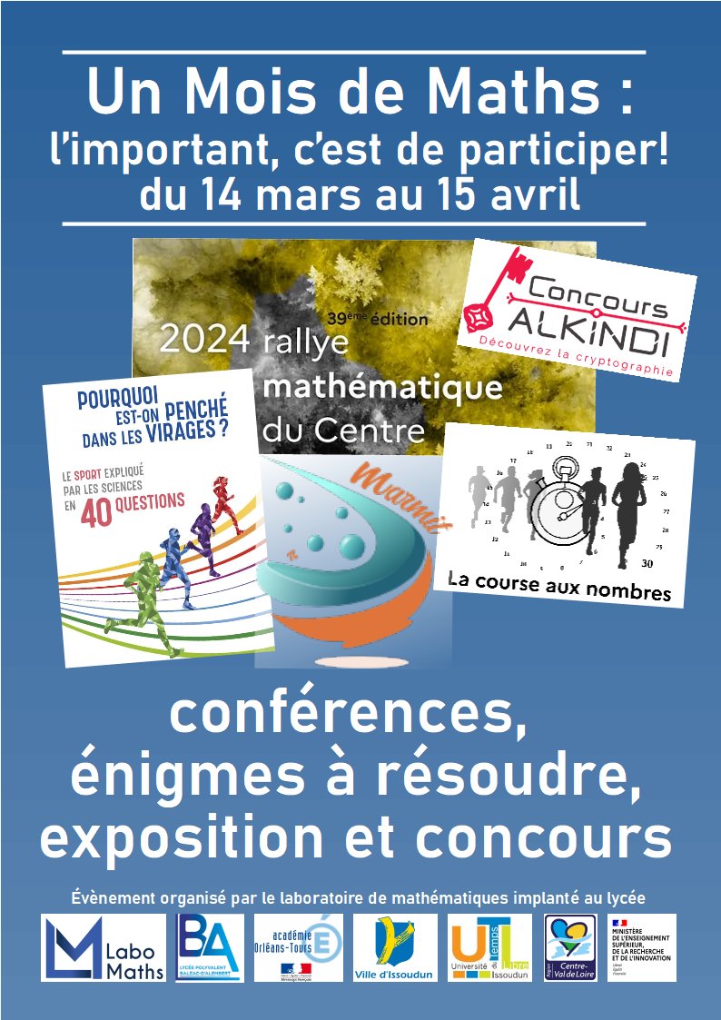 maths_ot's tweet image. Un très beau programme pour la #SDM2024 au #LaboMaths_OT d'Issoudun (36) au lycée Balzac-d'Alembert.
✅ #PiDay2024
✅ #RallyeMaths
✅ #MARMIT
✅ Expositions
✅ Enigmes
✅ Conférences
✅ ...
🙏Merci aux enseignant·e·s pour leur investissement durant cette semaine.