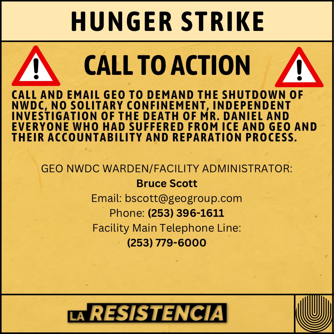 🚨 Folks outside NWDC are on hunger strike in solidarity with those inside suffering life threatening conditions! 
🆘 See slide 2 &amp; 3 for call to action.