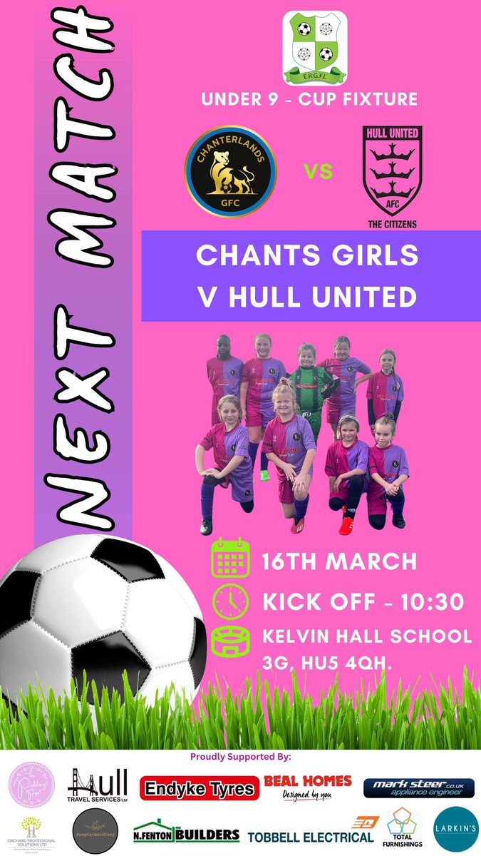 🔵⚫️ Next Match (U9’s) 🔵⚫️
 
⚽️ v Hull United
🏆 - East Riding Girls Football League Cup Fixture.
📅 - Saturday 16th March.
⏰ - 10:30am.
🏟️ - Kelvin Hall School 3G.

@EndykeTyres @BealHomes