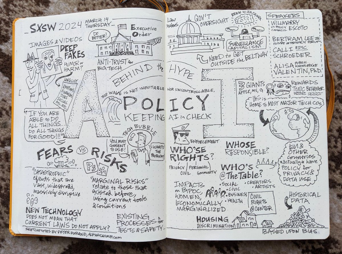 At #SXSW2024 today we dispelled some  #AIHype and existential threat narratives, turning an eye to the real existing and heartbreaking harms impacting marginalized people across the U.S. every day.  

Check out these really cool # sketchnotes Peter Durang made during our panel!