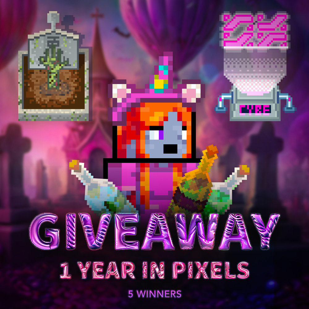 ✨🪩 1 YEAR IN PIXELS GIVEAWAY 🪩✨

Today is my <a href="/pixels_online/">Pixels</a> Anniversary 🥳
Let's celebrate together! 💃🎊

🎁 5 PRIZES to 🏆 5 WINNERS

🪦 Zombie Grave UGC
💗 NuCyber UGC
🍾 Butterbrew
🌵 Astracactus Tequila
🥃 Watermint Whisky

🔹 Like &amp; Repost
🔹 Follow <a href="/pixels_online/">Pixels</a>