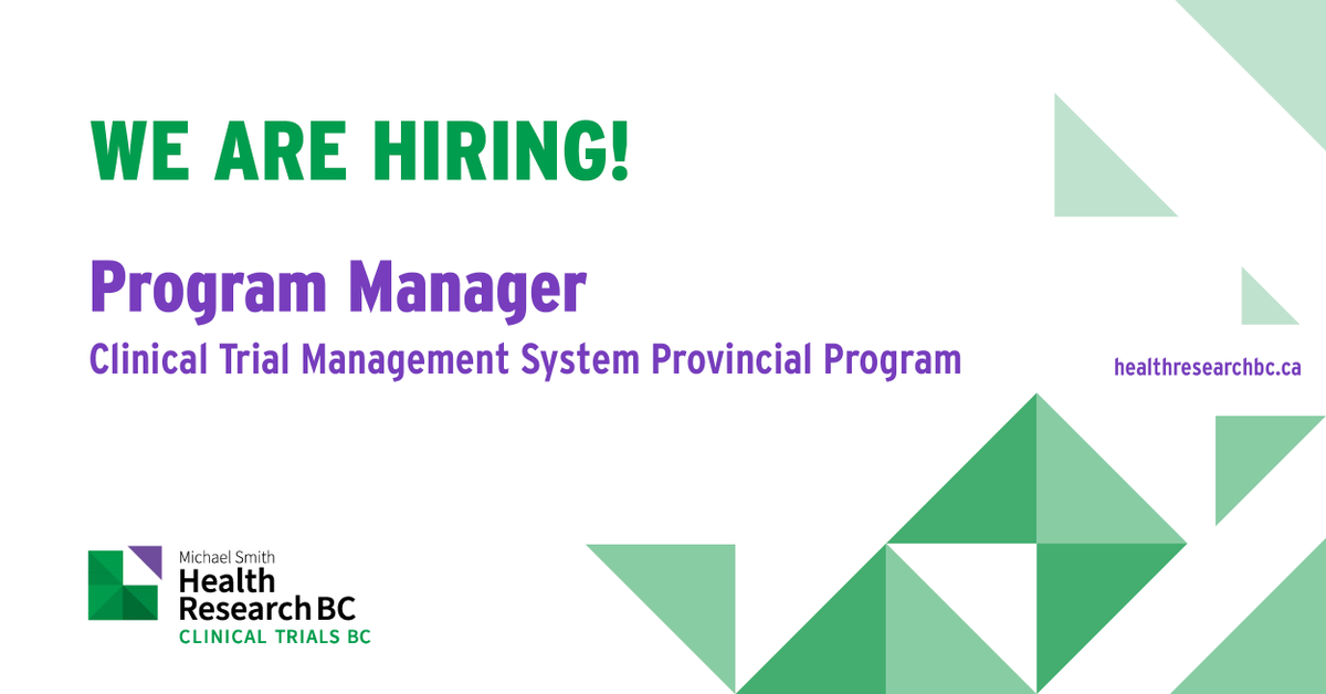 🔔💼 We're hiring for a Program Manager that will help us enhance BC's #clinicaltrials infrastructure! This role is pivotal in driving success for the Clinical Trial Management System provincial program. Apply today. bit.ly/4a8JQfa #bcjobs #clinicaltrials