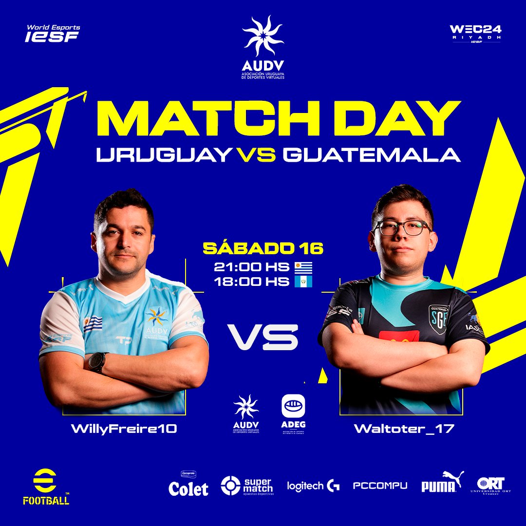 Este sábado 16 de Marzo 
Uruguay 🇺🇾🆚🇬🇹 Guatemala <a href="/iesf_official/">IESF</a>

Rumbo a las Regional Qualifiers en Río 🇧🇷 para llegar al #WEC24 en Riyadh 🇸🇦

▶️<a href="/Williams2609/">Williams Freire</a> 🆚 <a href="/walto_v/">Walter ᅠᅠᅠᅠᅠᅠᅠᅠᅠᅠᅠᅠᅠᅠᅠᅠᅠᅠᅠᅠᅠᅠᅠᅠᅠᅠᅠᅠᅠᅠᅠ</a> 
▶️ 21:00 HS 🇺🇾 / 18:00 HS🇬🇹
▶️ twitch.tv/audvtv

🎙️ <a href="/JuanCruzNovales/">Juan Cruz Novales</a>  <a href="/GamesCabeza/">Cabeza Games</a>

#IESF