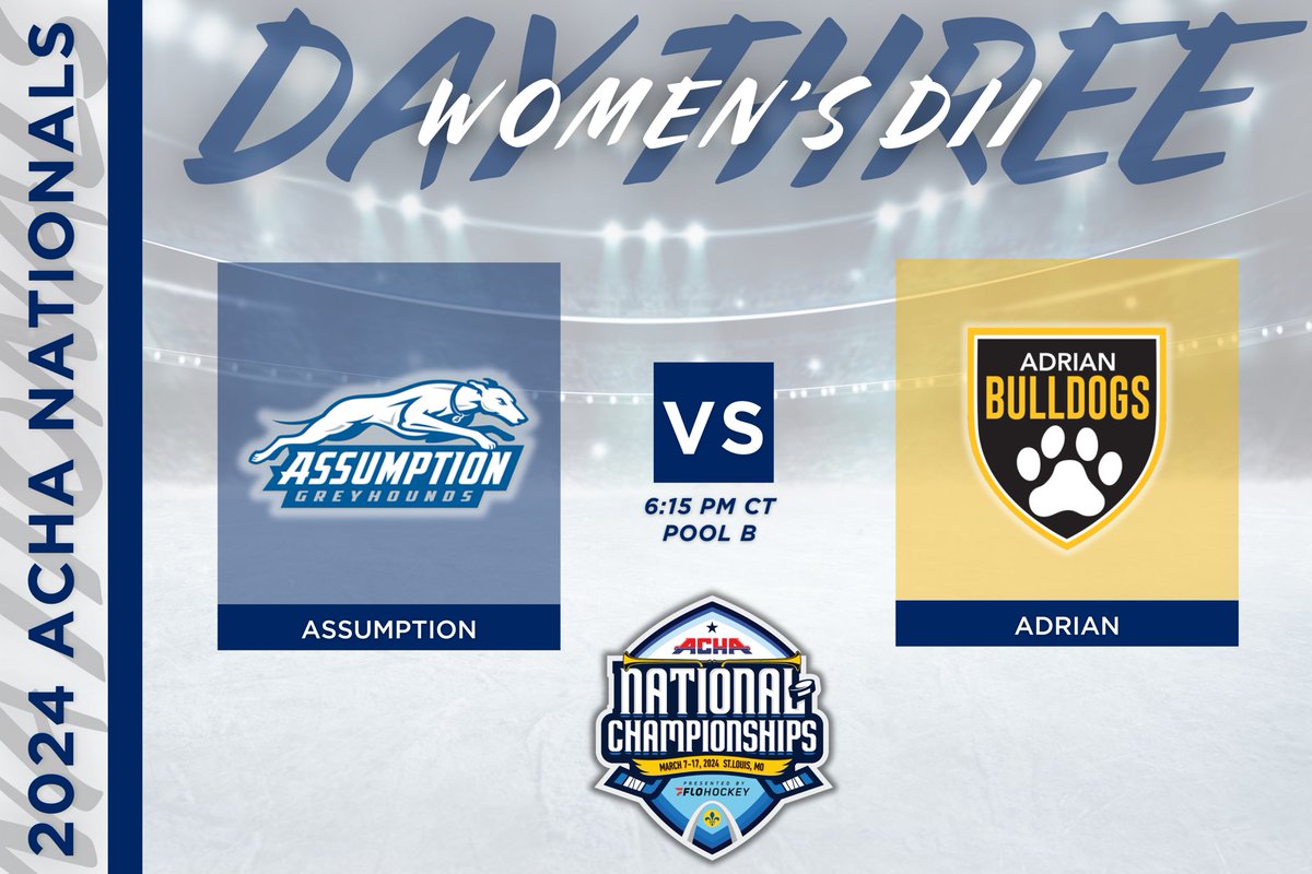 ACHAWomensD2's tweet image. 𝗣𝗢𝗢𝗟 𝗣𝗟𝗔𝗬 𝗚𝗔𝗠𝗘
🏒 Assumption (away) vs. Adrian (home)
⏰ Time 6:15 PM CT (expect delay)
📍 NHL Rink
🎥 flohockey.tv/events/1225335…  @FloHockey 
#ACHANationals #ACHAW2
