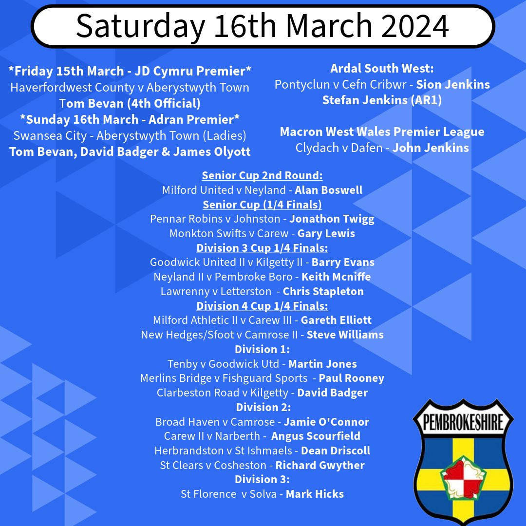 Plenty of officials in action this weekend across different leagues! 

Lots of 🏆 action going on with places in the semi-finals at stake. Who will progress? 👀 will be on the Cymru App on Saturday evening!! ⚽️