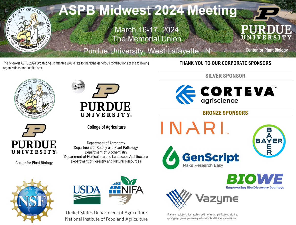 PurdueCPB's tweet photo. See you this weekend at the 2024 @ASPB Midwest meeting on @LifeAtPurdue campus. 

Follow @PurdueCPB for updates during the meeting, &amp; be sure to use #MWASPB2024 when you post from the meeting!!

Thank you to all the sponsors who helped make this meeting possible! https://t.co/ET0KvPJyNQ