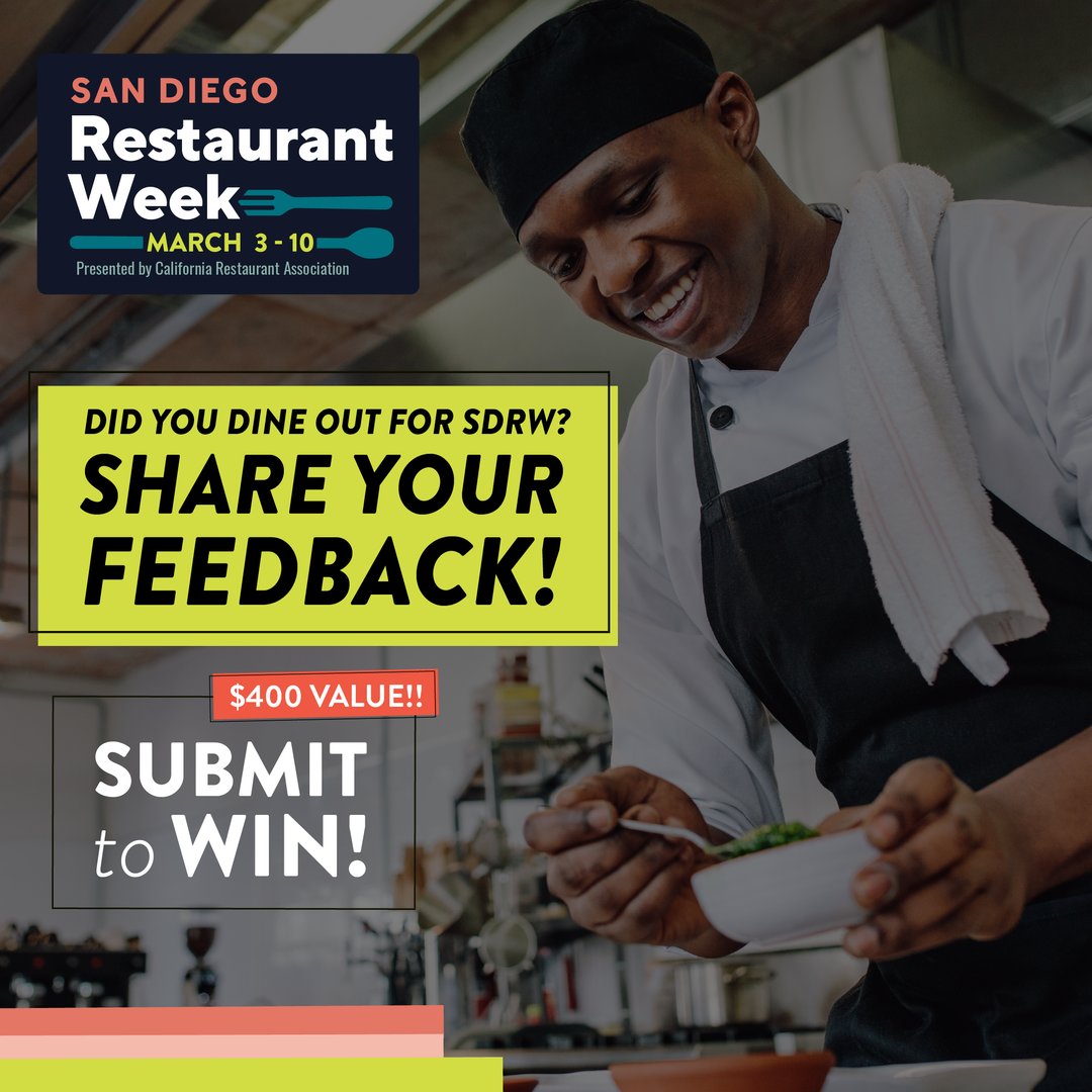 Thank you for dining out during #SDRW! Your support means the world to us and the vibrant culinary scene in our city. We invite you to share your feedback. By completing the survey, you'll be entered for a chance to win $400 in SDRW gift cards. bit.ly/SDRWspringdini…