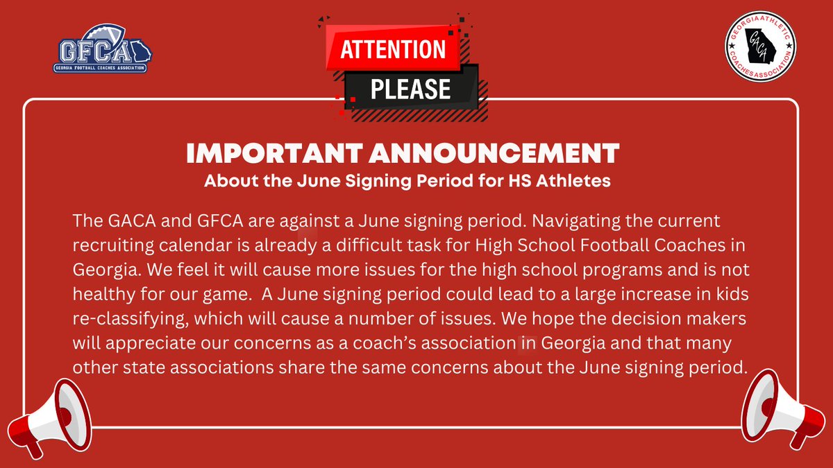 📢 Important Announcement The Georgia Athletic Coaches Association would like to make a public statement regarding the potential June signing period for high school football players. 🏈 Read the full statement at gacacoaches.com/june-signing-p…