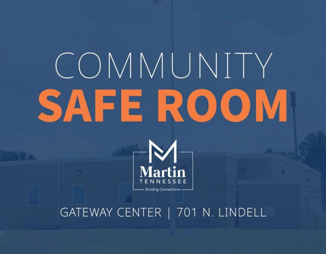⚠️🚨🌪️A tornado watch is now active. ⚠️🚨🌪️

The Community Safe Room will open at 6 PM and stay open until the tornado watch is cancelled or an all clear is given.

Location: 701 N. Lindell St. Martin, TN 38237
Guidelines: cityofmartin.net/martin-gateway…