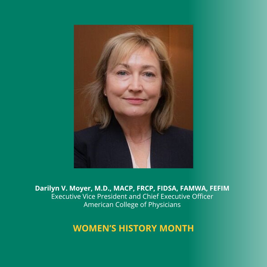 As part of #WomensHistoryMonth, we honor the women who have made contributions to our world – especially in the field of #InternalMedicine. In 2016, @DarilynMoyer became the first female Executive Vice President and Chief Executive Officer in the history of ACP.