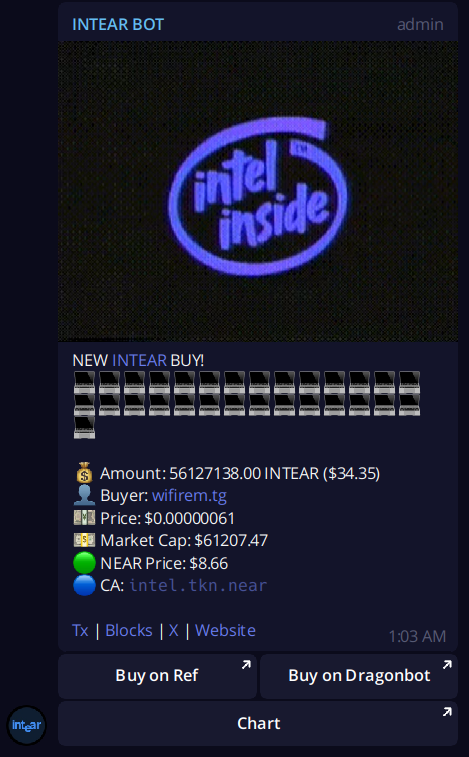 intea_rs's tweet photo. Another product from $INTEL manufacturers

IntelBot is a new buybot for coins on NEAR, it's completely free for any NEAR project, and the delay is only 6-10 seconds https://t.co/T7KC6oPE7w