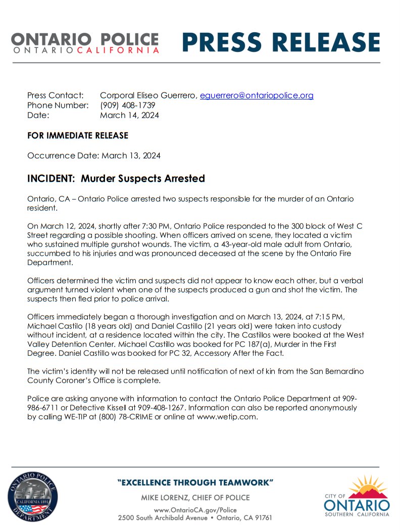 Please refer to the attached press release regarding the arrest of murder suspects.