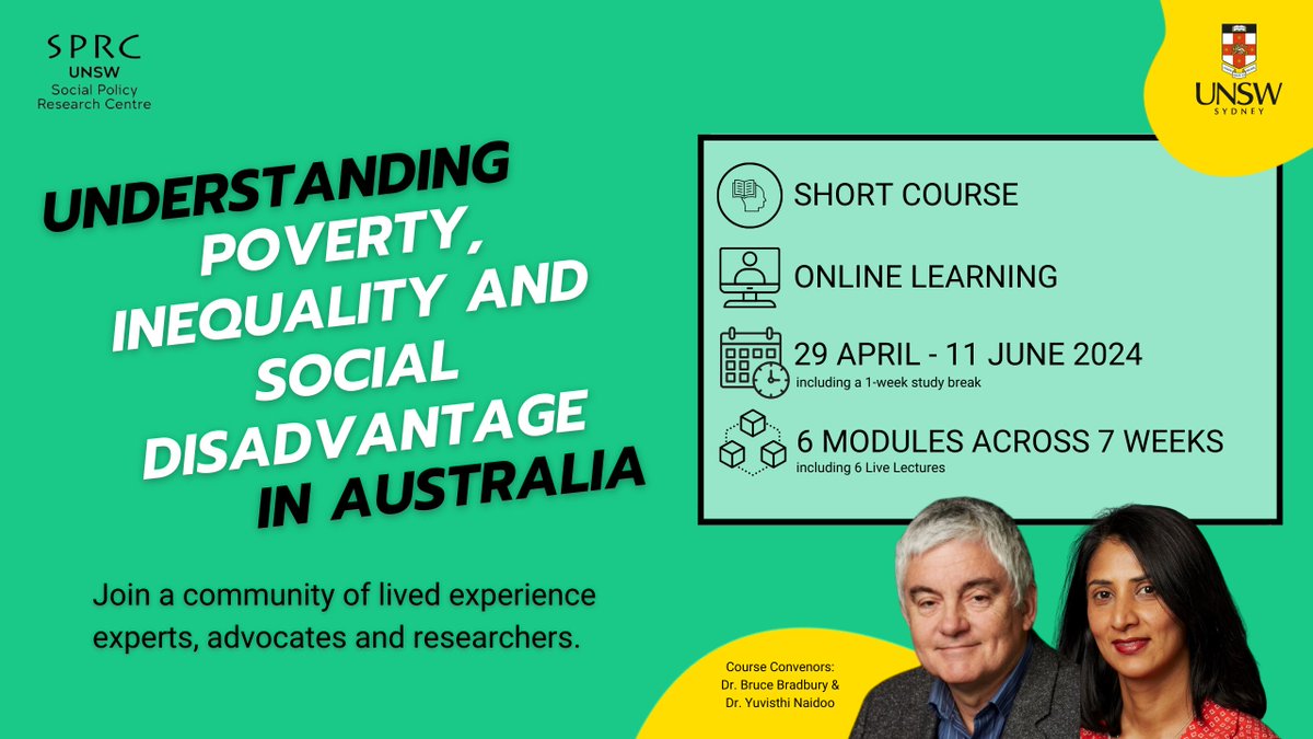 UNSW Social Policy Research Centre (@sprc_unsw) on Twitter photo 🚨 New short course alert 🚨 Learn how to drive meaningful change around #poverty and #inequality from a unique Australian policy perspective. <a href="/YuvisthiN/">Yuvisthi Naidoo</a> <a href="/Bruce_Bradbury/">Bruce Bradbury</a>
Watch this introductory video:
➡️ youtube.com/watch?v=TUO-rS…
Register today:
➡️ eventbrite.com.au/e/understandin… 🚨 New short course alert 🚨 Learn how to drive meaningful change around #poverty and #inequality from a unique Australian policy perspective. <a href="/YuvisthiN/">Yuvisthi Naidoo</a> <a href="/Bruce_Bradbury/">Bruce Bradbury</a>
Watch this introductory video:
➡️ youtube.com/watch?v=TUO-rS…
Register today:
➡️ eventbrite.com.au/e/understandin…