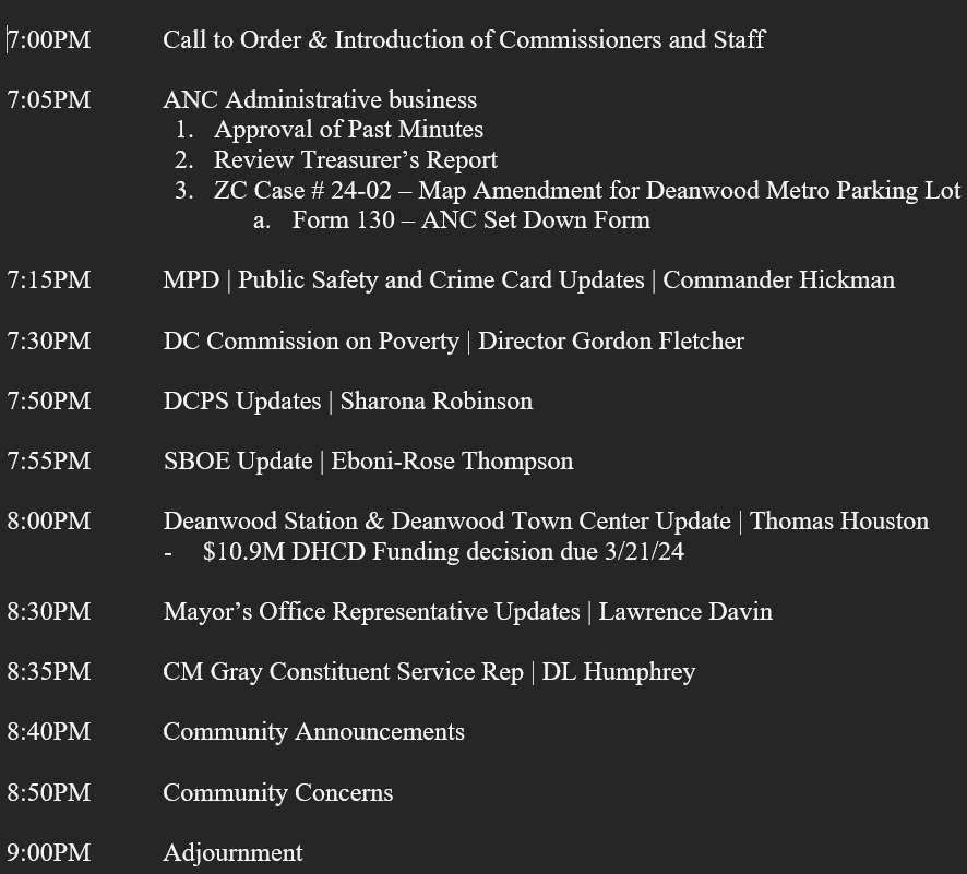.<a href="/ANC7C/">ANC7C</a> monthly mtg tonight! We meet every 2nd Thursday @ 7PM. Here is the agenda: <a href="/DCPoliceDept/">DC Police Department</a> <a href="/DCPS_Community/">DCPS Community Action Team (CAT)</a> <a href="/Eboni_RoseDC/">Ward 7 Rep. Eboni-Rose Thompson</a> <a href="/DCMOCRS/">DC MOCRS</a> <a href="/VinceGrayWard7/">Vince Gray</a> <a href="/DOES_DC/">DC Department of Employment Services</a> <a href="/DCDHCD/">DC Department of Housing and Community Development</a> <a href="/wmata/">Metro Forward</a> <a href="/OZinDC/">DC Office of Zoning</a> <a href="/OPinDC/">DC Office of Planning</a> #Ward7 @DeanwoodDCA <a href="/CapitolViewDC/">Capitol View Civic Association</a> @NEBoundaryCA <a href="/MayorBowser/">Mayor Muriel Bowser</a> <a href="/DOEE_DC/">Department of Energy & Environment</a> <a href="/DCDPW/">DC Department of Public Works</a> <a href="/DDOTDC/">DDOT DC</a>