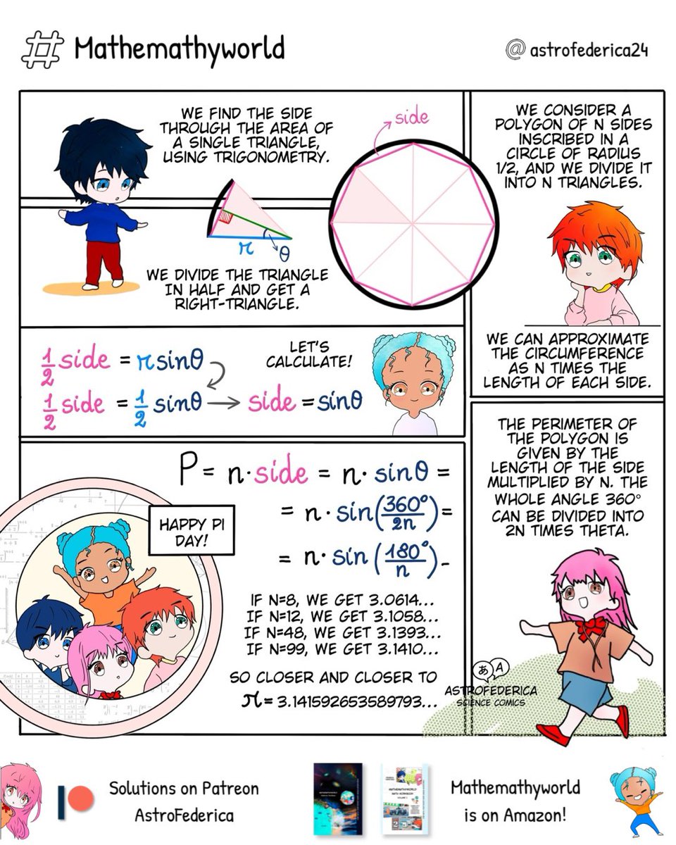 AstroFederica24's tweet photo. From Mia, Leo, Ren and Zoe… happy #PiDay2024 🎂🍰🧁 swipe left to read the full comics and rediscover the formula behind the Archimedes’ method of exhaustion. 

#math #MathematicsDay #PiGrecoDay #PiDay #march14th #Science #manga #scicomm #Einstein #Amazon #STEM #comics #fumetti https://t.co/NxHBLzHCBe