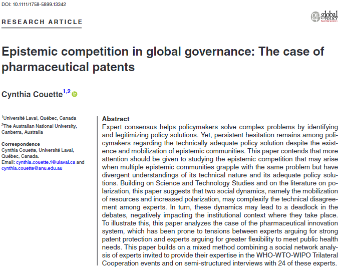 Cynthia Couette (@couette_cynthia) on Twitter photo Very excited to see my first paper published in <a href="/GP_NextGen/">Global Policy: Next Generation</a>! I look at how ongoing epistemic competition around #pharmaceuticalpatents has led to debate polarization and stalemate rather than consensus within the trilateral #WTO #WHO #WIPO expert events.👇
onlinelibrary.wiley.com/doi/epdf/10.11… Very excited to see my first paper published in <a href="/GP_NextGen/">Global Policy: Next Generation</a>! I look at how ongoing epistemic competition around #pharmaceuticalpatents has led to debate polarization and stalemate rather than consensus within the trilateral #WTO #WHO #WIPO expert events.👇
onlinelibrary.wiley.com/doi/epdf/10.11…