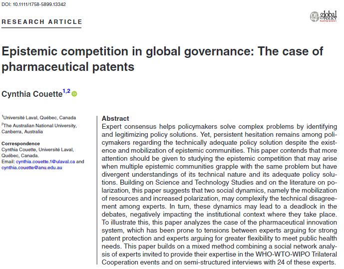 Very excited to see my first paper published in @GP_NextGen! I look at how ongoing epistemic competition around #pharmaceuticalpatents has led to debate polarization and stalemate rather than consensus within the trilateral #WTO #WHO #WIPO expert events.👇 onlinelibrary.wiley.com/doi/epdf/10.11…