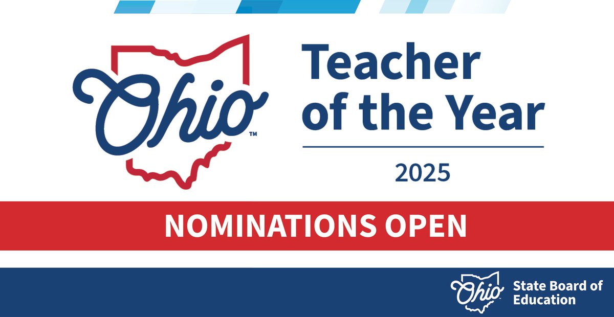 Let's celebrate Ohio's outstanding teachers! The Ohio Teacher of the Year program elevates the teaching profession, recognizes exceptional educators as leaders, and spotlights their inspiring work. Submit nominations by March 31: sboe.ohio.gov/home/news-and-… #OhioTotY