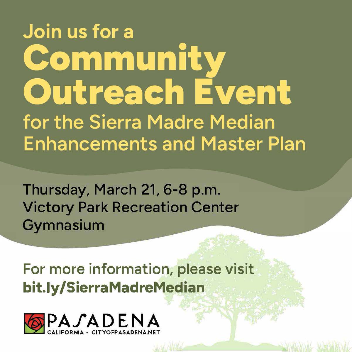 Next Thursday, March 21, the City of Pasadena is hosting a community outreach event regarding the Sierra Madre Median Enhancements and Master Plan from 6-8 p.m. at Victory Park Recreation Center Gymnasium.

For more information, please visit: bit.ly/SierraMadreMed…

For