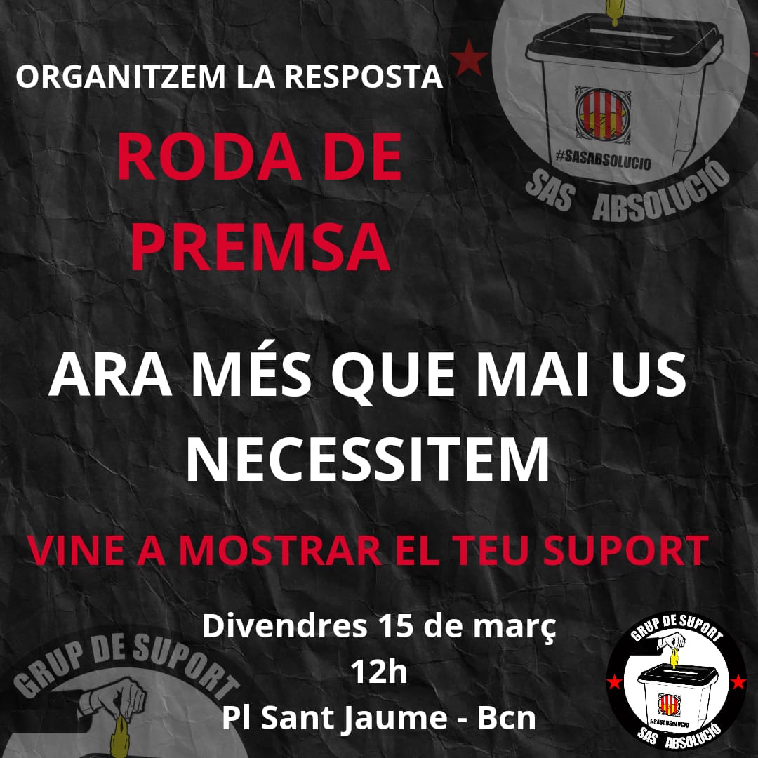 Demà divendres hem convocat a la premsa per explicar les novetats del cas i els pròxims passos. També convoquem als solidaris que vulguin venir a donar el seu suport al cas. #AmnistiaTotal #LaSolidaritatEsLaNostraMillorArma