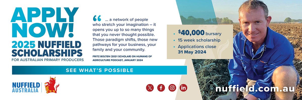 Applications for 2025 Nuffield Australia Scholarships are now open! 
• $40,000 bursary to travel and study 
• Grow your network globally 
• Shape the future of #ausag
Find out more and apply: nuffield.awardsplatform.com #nuffieldag #aussiefarmers #futurefarmers