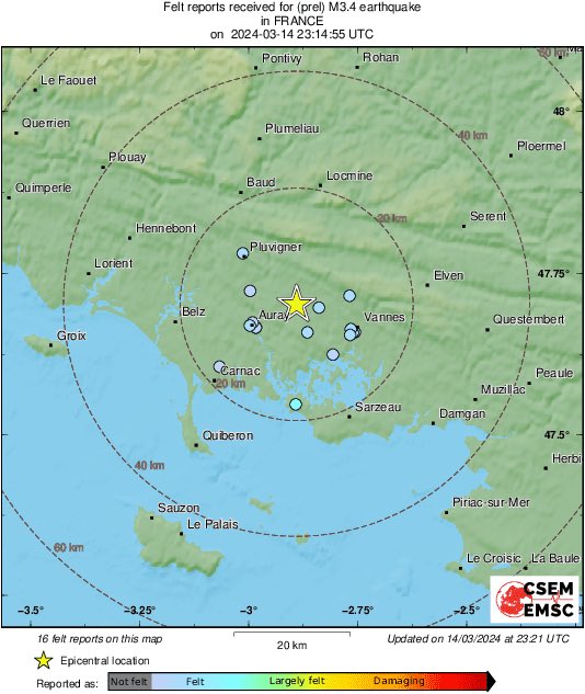 alex_le_bars's tweet photo. [ BRETAGNE ] 

Séisme il y a quelques minutes 

Magnitude préliminaire 3.4

Épicentre près d’Auray, Morbihan 

Un bruit de grondement chez moi … https://t.co/Tvzqm13utM