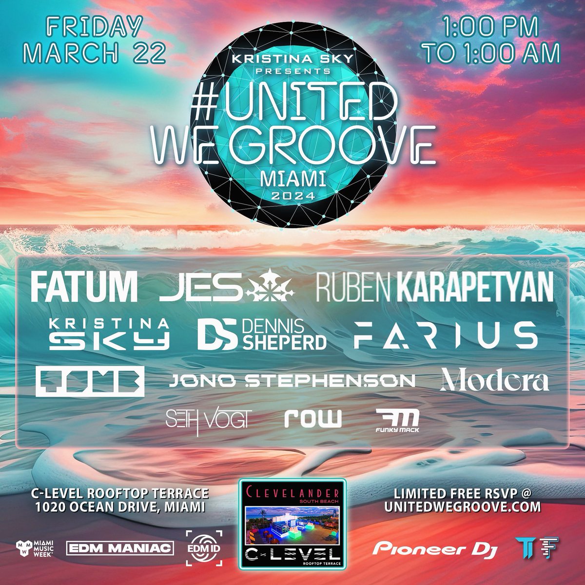 Get your groove on with me, @kristinasky, & a stellar lineup at the @UnitedWeGroove_ MMW24 Party. 1 pm to 1 am, Fri March 22nd Clevelander C-Level Rooftop. Jump on the guest list : bit.ly/UnitedWeGroove… join the event page here bit.ly/UWGMIA24FB and we will see you there!