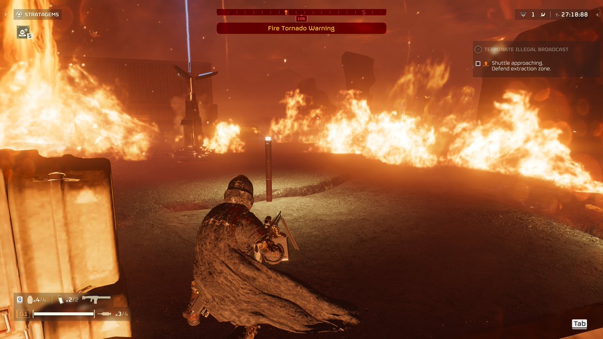 Grendle609's tweet photo. 🔥🔥🔥What, being swarmed by liberty-despising bugs wasn't enough, now there are friggin FIRE TORNADO'S that blanket the extraction zone so you can hardly get to the dropship without becoming extra crispy? 🔥🔥🔥 #Helldivers2 #hellmire https://t.co/TzQPXu3hrI