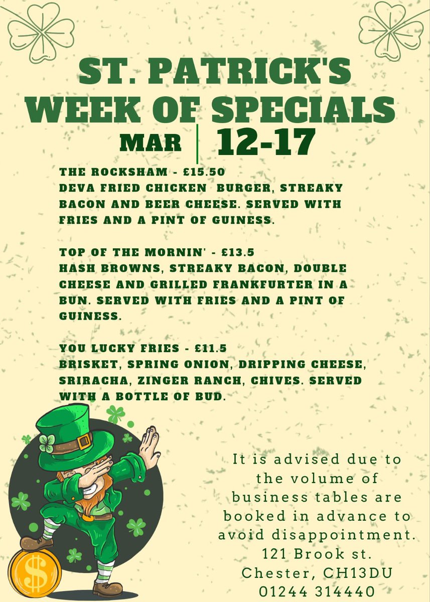 DevaTapChester's tweet image. Can’t believe it but we are serving a st Patrick’s day food this Sunday we have rugby all weekend football and St Patrick’s day we have a special menu on Sunday come down and join us @thedevatap @BeersInChester @AdamDandy @StPatricksDay5K #chester #realale